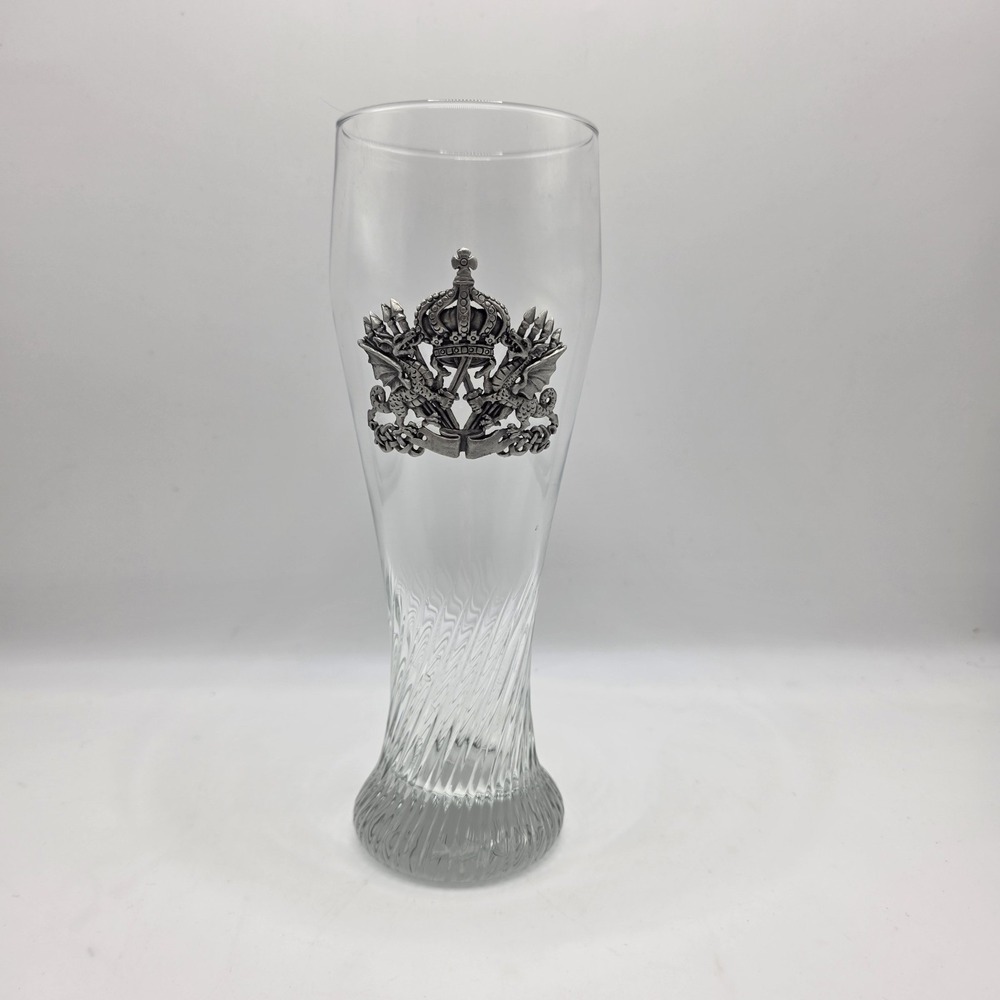 Tall‎ Pilsner Beer Glass With Metal Royal Crest Crown Emblem Medieval Dragon